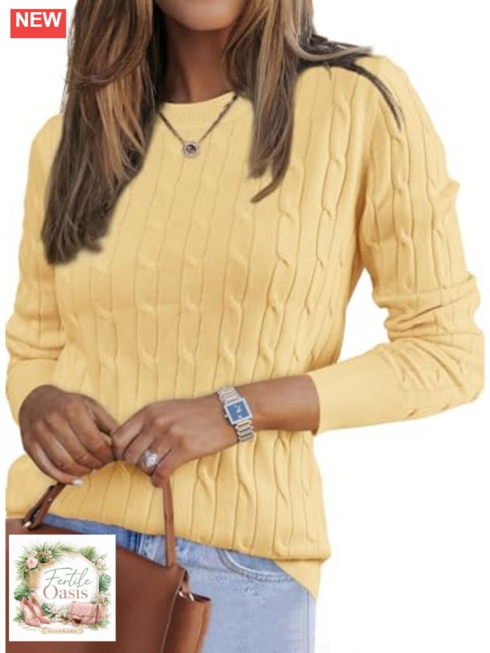Wool Blend Women's Crew Neck Loose Fit Pullover Cable Knit Long Sleeve Sweater